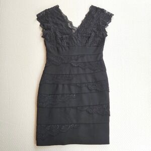 Betsy & Adam Black Lace Tiered Cocktail Dress V-Neck Sheath Size 4 Party Formal